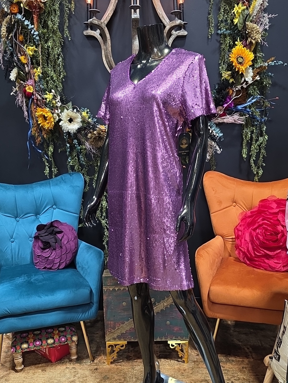 Purple Sequin V-Neck Midi Dress - Stylish Party Dress